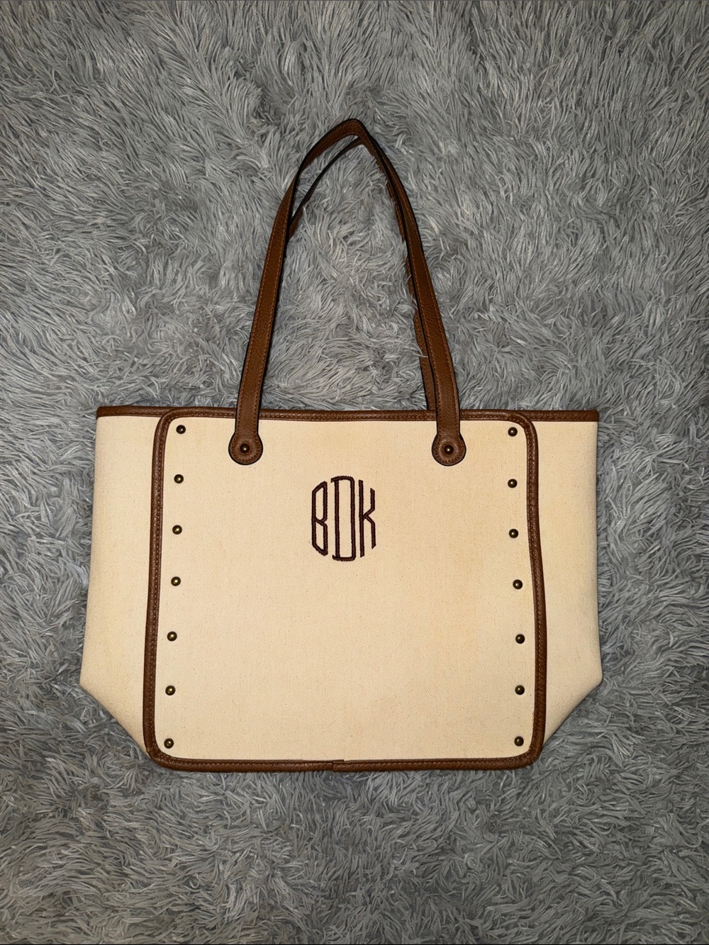 Marley Lilly Cream Canvas Tote Bag with Brown Trim and Stud Detail - BKD initial